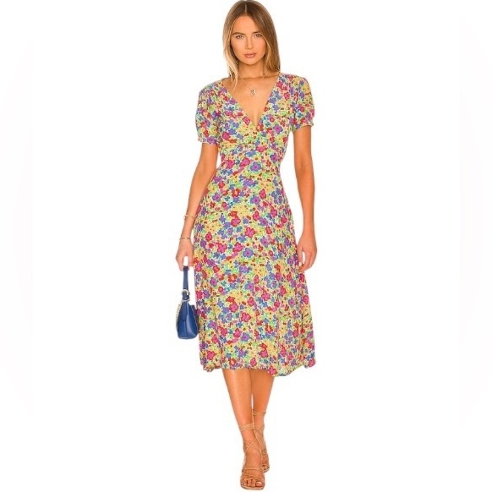 Faithfull The Brand Women's V-Neck Floral Milkmaid Babydoll Midi Dress Size 2